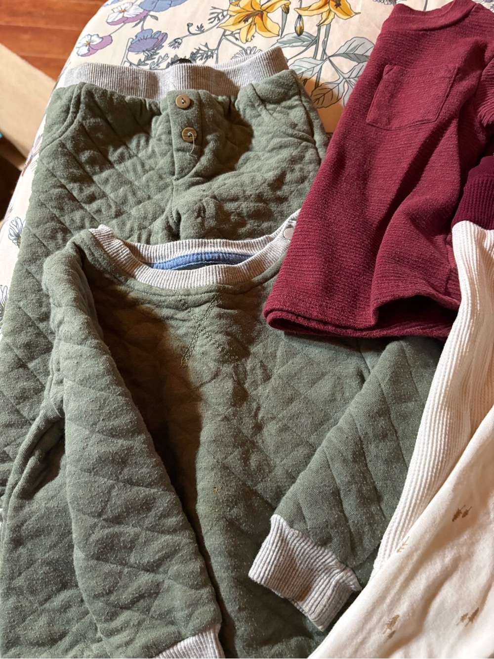 Kids Quilted Olive Green Matching Set with Burgundy Top